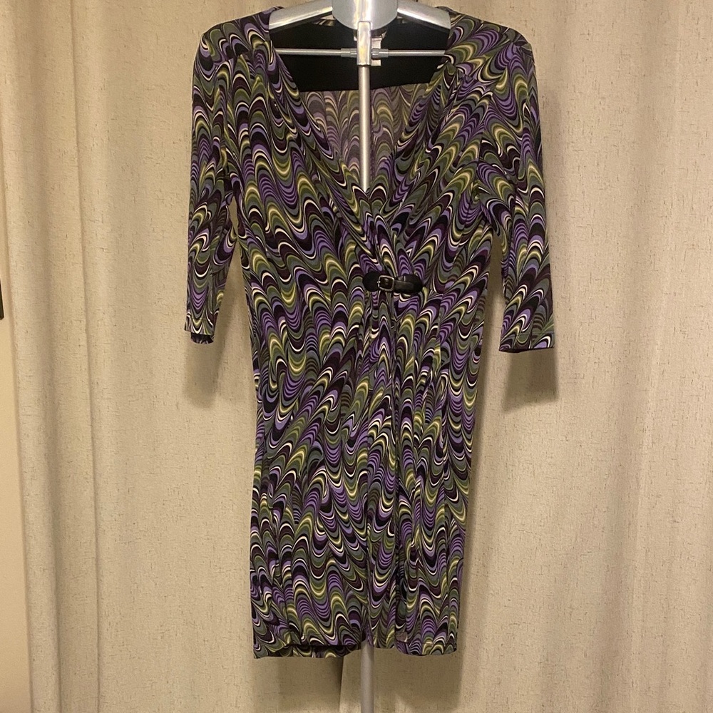 Purple & Green Wave-Print Faux Wrap Mini Dress
